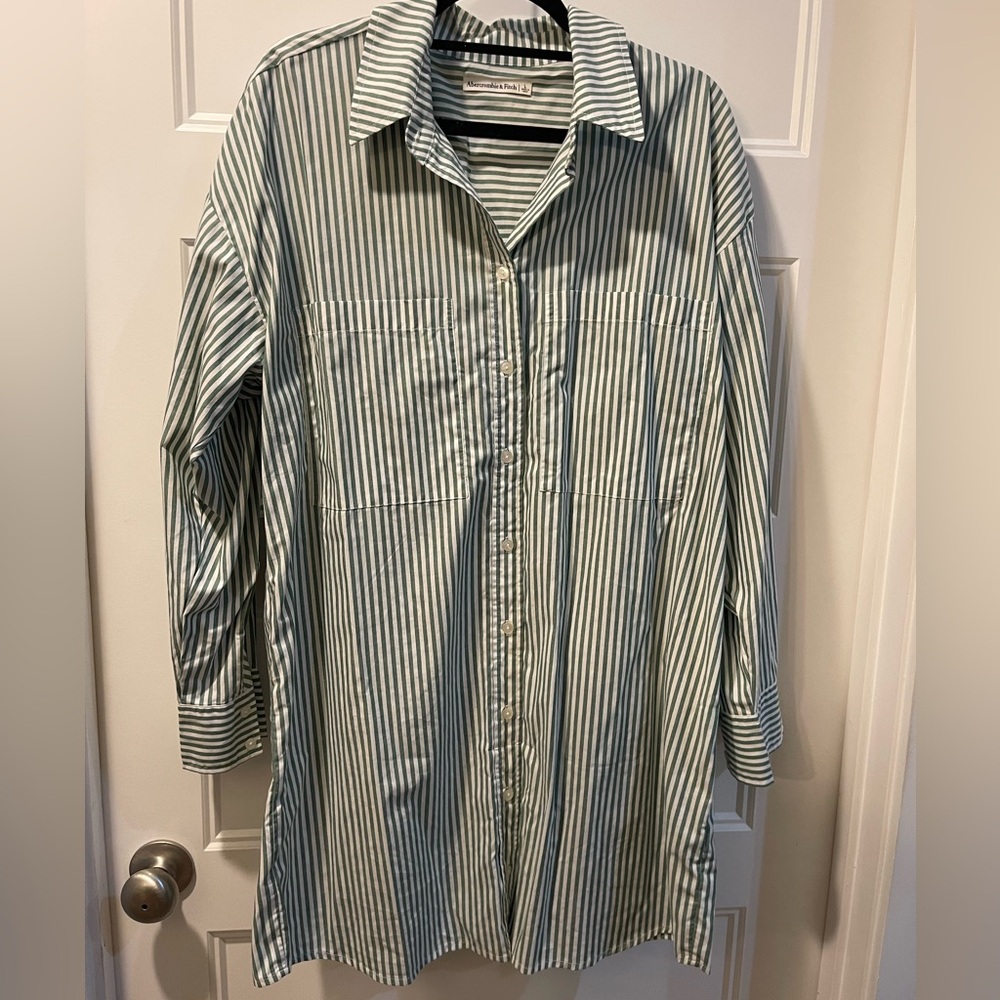 Abercrombie & Fitch Green and White Vertical Stripe Button-Down Shirt Dress